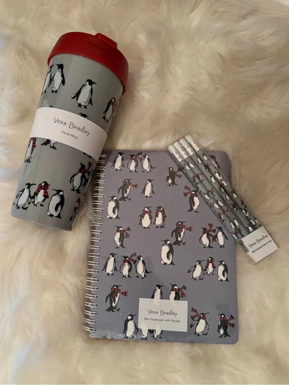 New! Vera Bradley Penguin Travel Mug, Notebook and Pencil Set